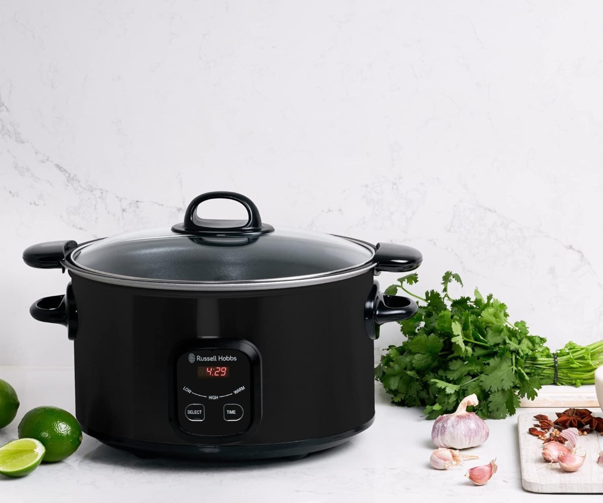 The Russell Hobbs slow cooker on a bench top 