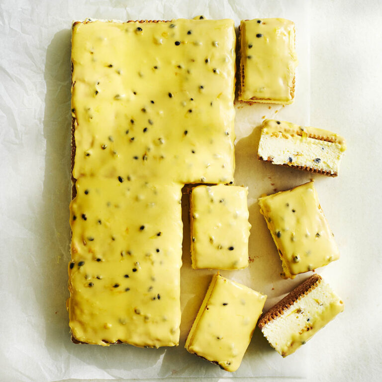 rectangle shaped passionfruit cheesecake cut into slices