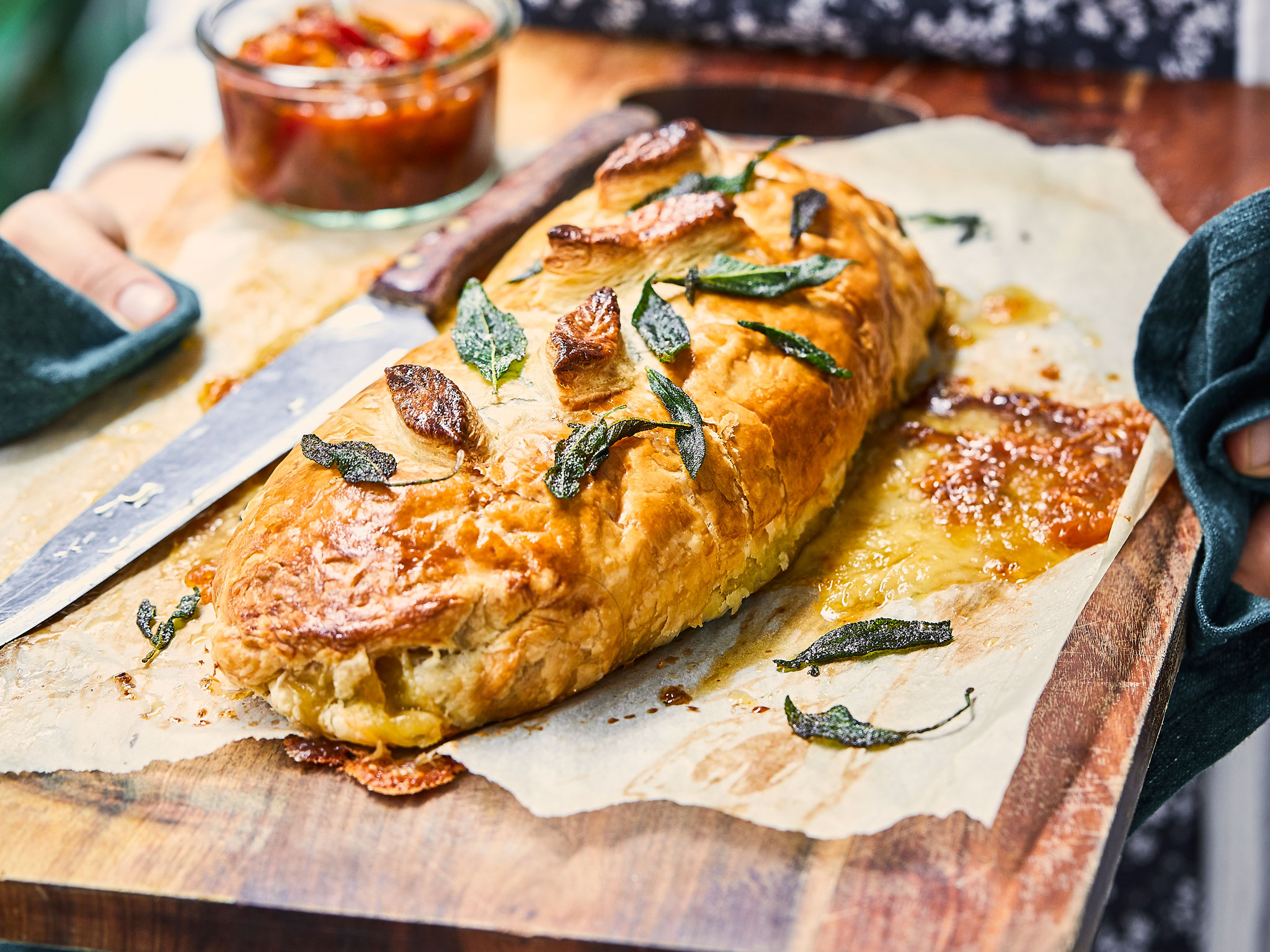 Portabello mushroom, caramelised onion and brie Wellington